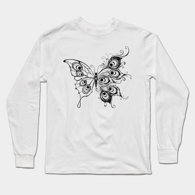 Butterfly with Peacock Feathers Long Sleeve T-Shirt by Blackmoon9